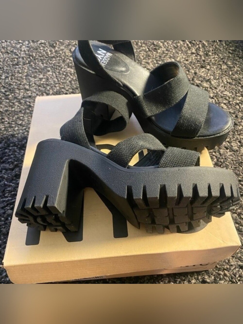 Madden NYC Y2K Inspired Blk 4" Lugged Heel Webbed Pl atform Sandals Sz 10 BNIB - Picture 15 of 17